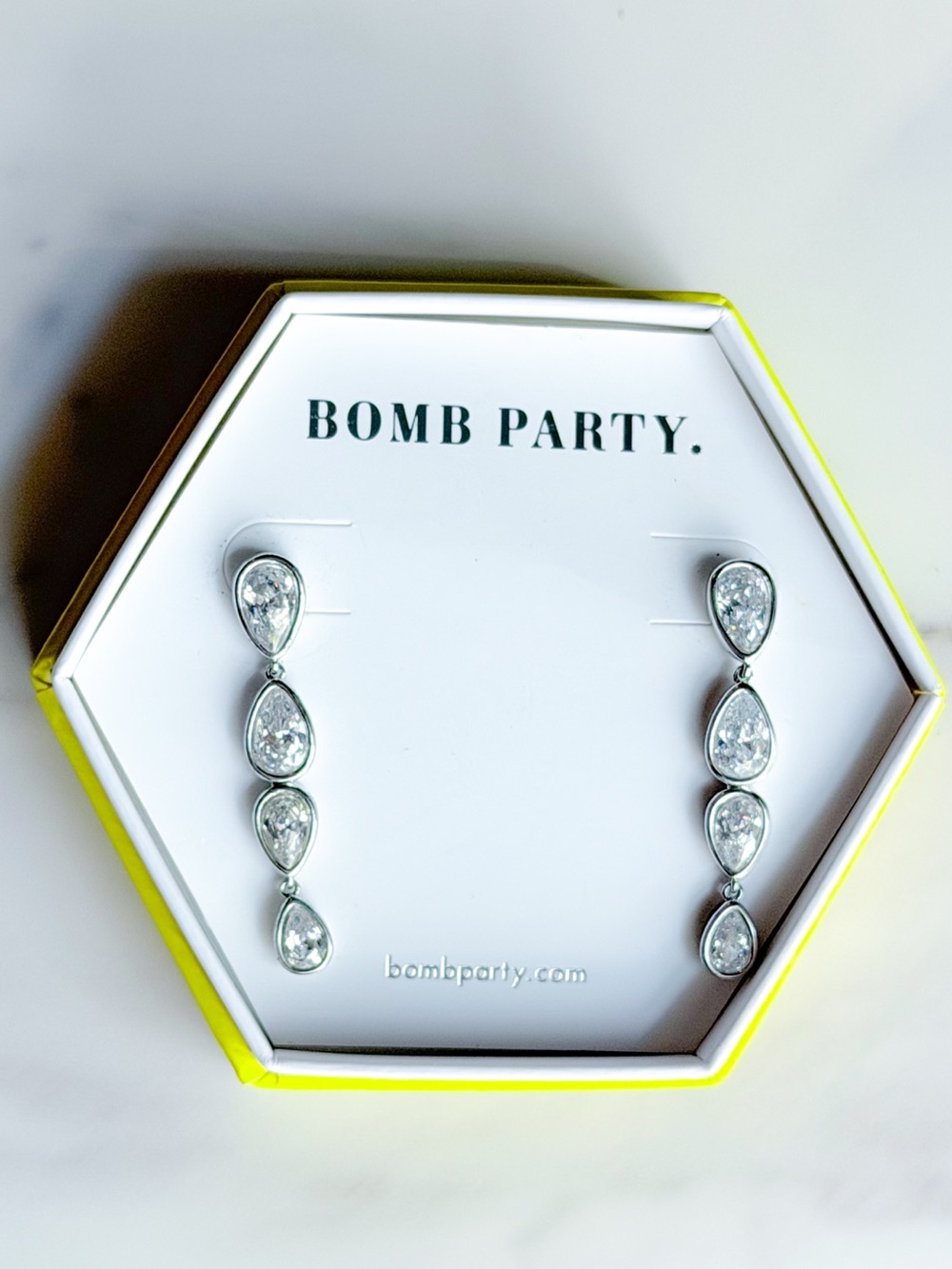 Bomb Party Diamond CZ Long Drop Earrings Rhodium Plated NWT Dangle Date Night